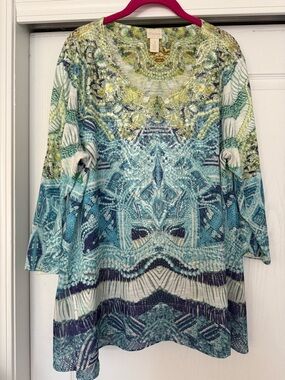 Chicos Women's Blue & Green Patterned V-Neck Tunic